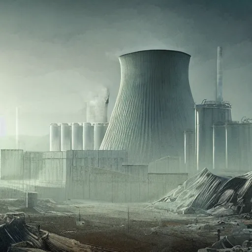 Prompt: a post apocalyptic nuclear power plant in a valley surrounded by hostile geometry a nightmare place , digital concept art