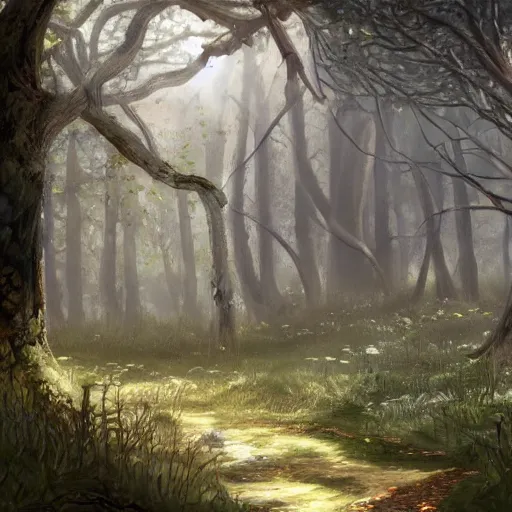 Image similar to The woods of The Feywild, the spring court, realism, fantasy setting, 8k, highly detailed, contrast, fantastical