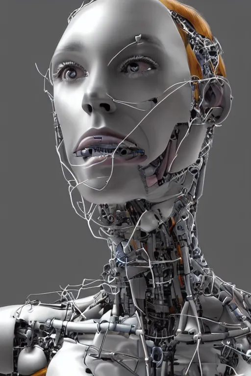 Image similar to robot with human face, female head, full body angle, woman human face, human face realistic, beautiful blonde hair, human head, human head with blonde hair, blonde hair human head, blonde hair, human realistic face, human head skin, cyborg frame concept, cyborg by ales-kotnik, sci-fi android female, the body is made of wires, robotic body, cyborg body, cyborg bust body, robot body cyborg, full body