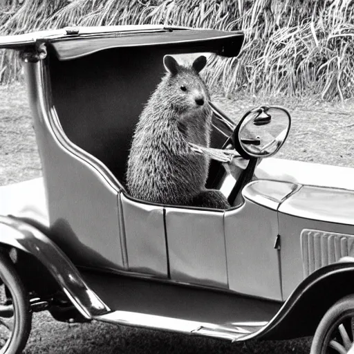 Image similar to a quokka driving a model t ford, black and white photograph