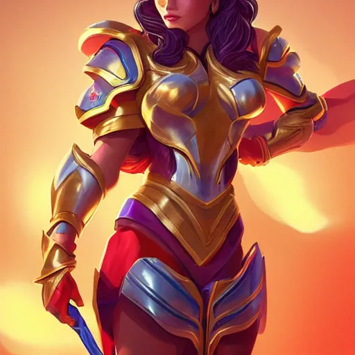 Prompt: leona from league of legends wearing gold and scarlet armor drinking pepsi max on a hot summer day at the beach. she is wearing wearing gold and scarlet armor. digital illustration, trending on artstation, highly detailed, excellent beautiful lighting,