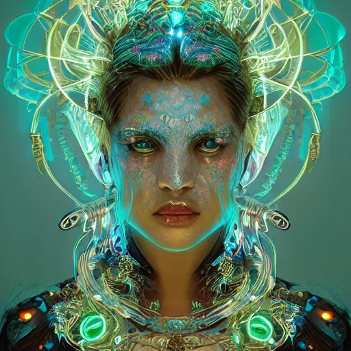 Prompt: goddess full head portrait tribal beautiful slavic russian fire goddess princess queen, blue hair, ancient high tech, glowing cyberpunk lines, bioluminescent, opalescent, detailed filigree, sparkling crystals, jellyfish phoenix dragon, butterfly squid, burning halo, intricate artwork by Tooth Wu and wlop and beeple, greg rutkowski, very coherent symmetrical artwork, cinematic, hyper realism, high detail, octane render, unreal engine, 8k, Vibrant colors, shiny gold accents, shiny plastic panels, Smooth gradients, High contrast, depth of field, aperture f1.2, background is a stunning sunset with fluffy clouds, sunset halo around her head