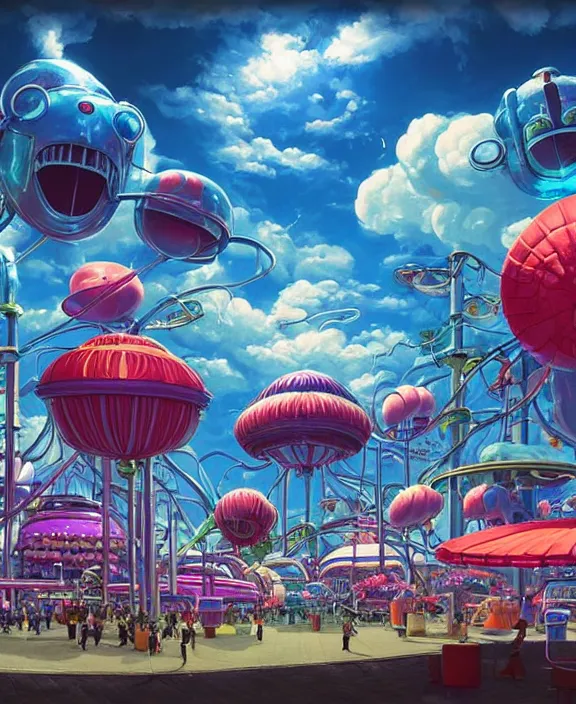 Prompt: a puffy inflated amusement park made out of seamless alien creatures, in the style of an aerodynamic obese robot, overgrown with thick orchids, partly cloudy, sun - drenched, dramatic lighting, by dan mumford, yusuke murata, makoto shinkai, ross tran, cinematic, unreal engine, cel shaded, featured on artstation, pixiv