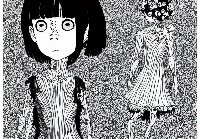 Prompt: beautiful little girl with a short black haircut wearing a dress made of black feathers, artwork in junji ito art style, anatomically perfect