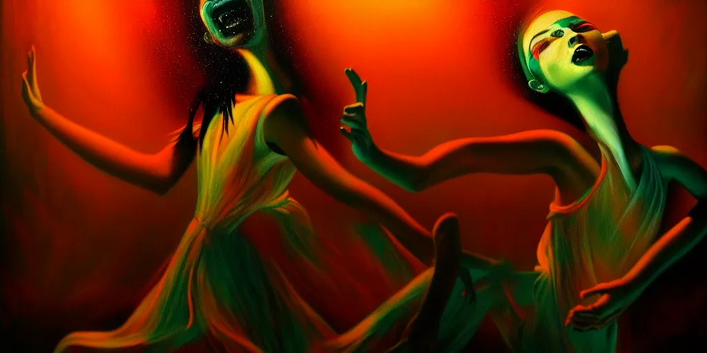 Prompt: personified emotion and thought creatures dance at the disco, dramatic lighting, attempting to escape to the surface and start a revolution, in a dark surreal painting by ronny khalil