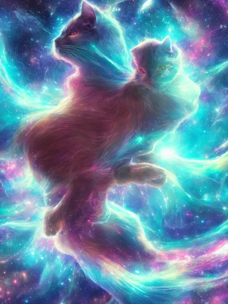 Prompt: celestial epic vibrant cinematic fantasy space image of a sparkling ethereal oceanic silky cosmic universe, cat made of the universe, celestial cosmos, nasa photos, artstation
