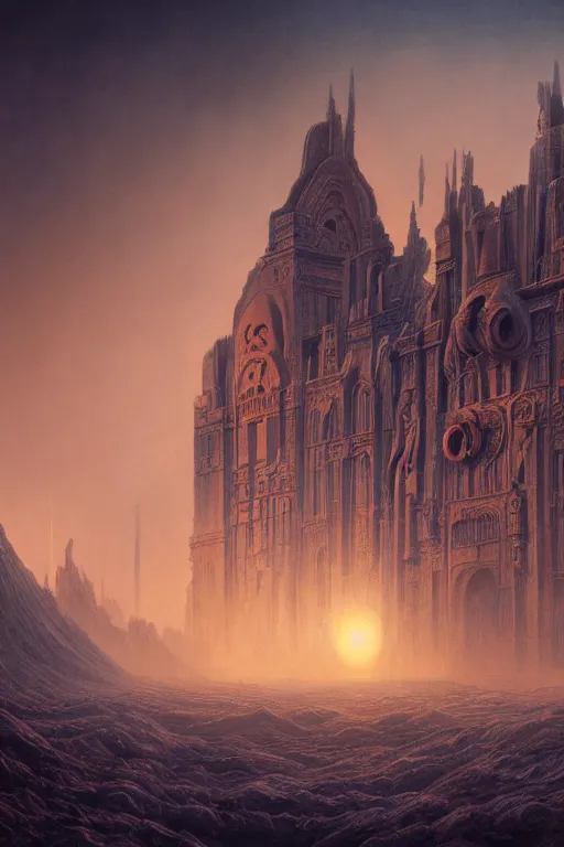 Image similar to sci - fi concrete alien eldritch demonic baroque rococo gothic architecture in hell, babylonian, ziggurat, zaha hadid, beksinski, wayne barlowe, oil painting, photoreal, highly detailed, 8 k, hd, vray, artstation, cinematic matte painting, extreme detail photo quality, sunset, featured on behance