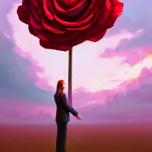 Image similar to giant rose flower head, frontal, girl in a suit, surreal photography, sunrise, dramatic light, impressionist painting, digital painting, artstation, simon stalenhag