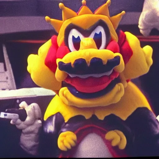 Image similar to bowser king koopa in a gangster rap music video, 1 9 9 0 s, mtv, vhs, hip hop, photorealistic