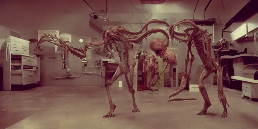 Image similar to a scary filmic wide shot color ground level angle movie still 35mm film photograph of the full body of a screaming and angry dangerous shape shifting alien creature, with multiple mutated snarling drooling human faces with a grotesque variety of human and animal limbs protruding from its lower torso inside of a 1970s science lab, neon lights, dirty, ektachrome photograph, volumetric lighting, f8 aperture, cinematic Eastman 5384 film