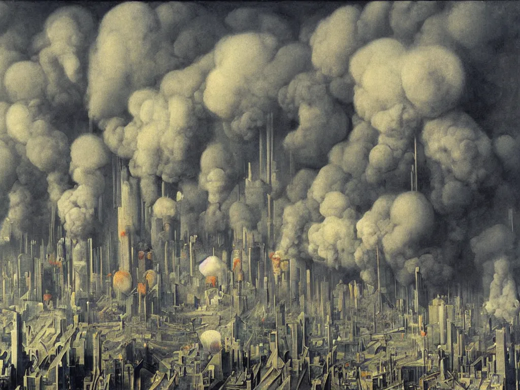 Image similar to albino mystic, looking brutalist metropolis, toxic, industrial with smoke in the distance. Painting by Jan van Eyck, Audubon, Rene Magritte, Agnes Pelton, Max Ernst, Walton Ford