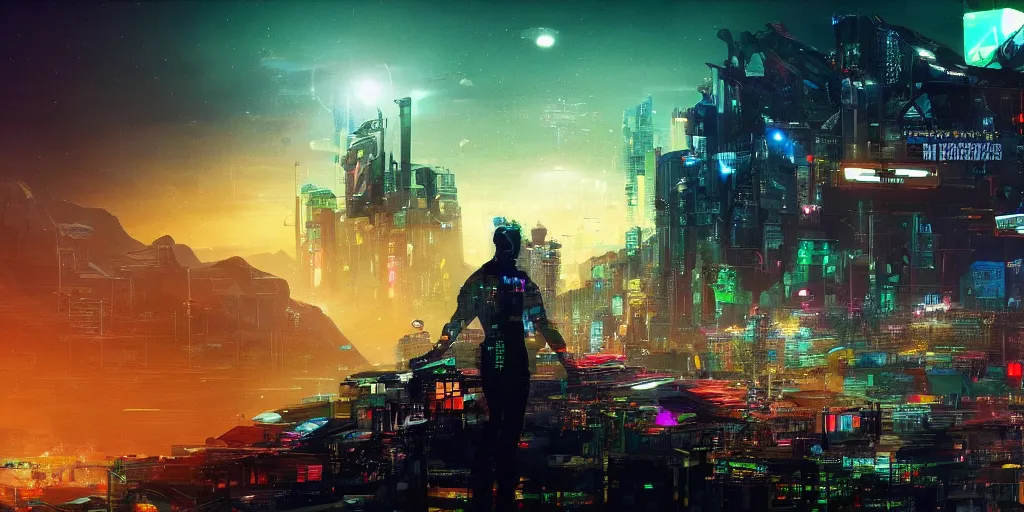 Image similar to a cinematic composition depicting : a computer run degrading cyberpunk world, on top of the mountain a mysterious neural network is using its transformative energy to transition to a hopeful to lush solarpunk civilization