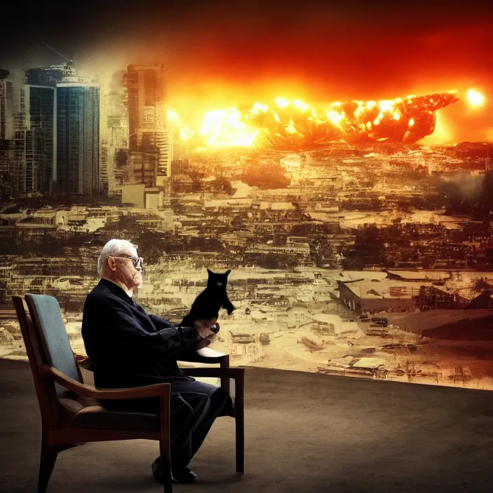 Image similar to cinematic movie, background blur bokeh, old man sitting in chair with black cat watching nuke explosion, world ending nuke, 4 k