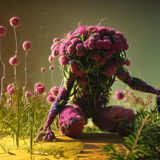 Image similar to a plant creature, foliage, plant filaments, flowers, humanoid shape, full body, photorealistic, 4 k, octane render, cinematic lighting, artistic photography, insanely detailed and intricate