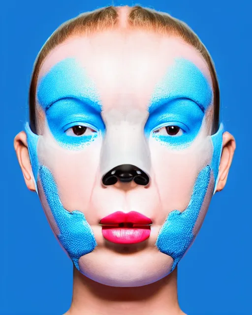 Image similar to symmetrical close - up portrait of a woman wearing a neon blue silicone beauty mask and hair rolls, wearing a black bodysuit by alexander mcqueen, cream white background, biotechnology, humanoide robot, bjork aesthetic, translucent, by rineke dijkstra, masterpiece,