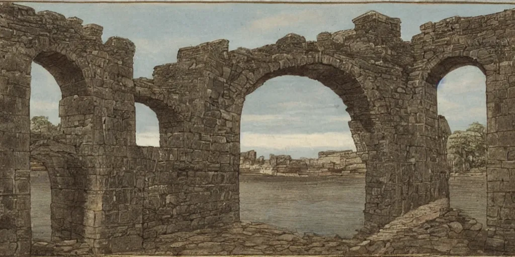 Image similar to Illustration, ancient city built along the top of a narrow tall arched bridge, over water, really long, stretches to the horizon