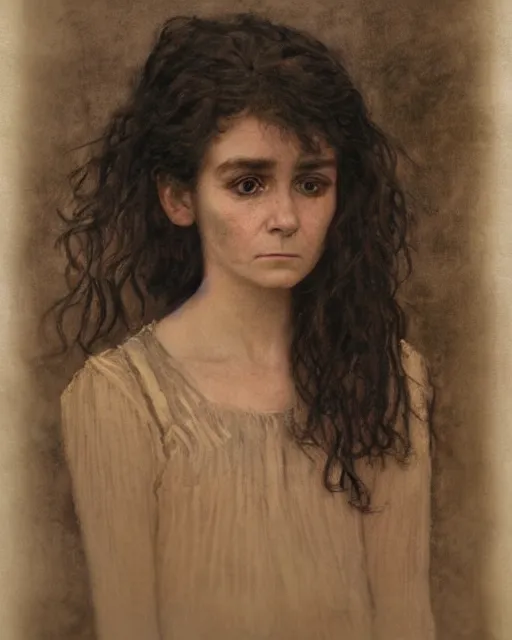 Prompt: a beautiful but sinister girl who looks like shirley henderson in layers of fear, with haunted eyes and curly hair, 1 9 7 0 s, seventies, delicate embellishments, a little blood, crimson, painterly, offset printing technique, by jules bastien - lepage