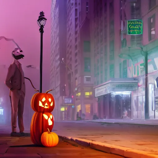 Image similar to digital art of Casper of a Halloween ghost smoking a cigarette on NYC sidewalk, city lights, trending on artstation, 8k, 4k, volumetric lighting, lighthearted, cinematic composition, hd, fun