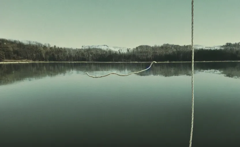 Prompt: cinematic still screenshot detailed photo of a moody lake with a rope floating in the center, shot by saul leiter, camera height 7 feet, moody cinematography, 2 4 mm anamorphic lens