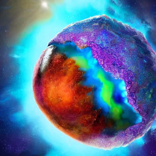 Prompt: a colorful geode as big as a planet in orbit, fantasy, sci-fi, cgsociety,4k,ultrarealistic,detailed