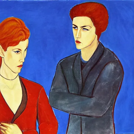 Image similar to double dragon in the style of Modigliani