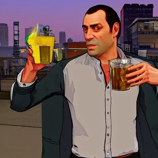 Image similar to michael from gta v drinking alcohol