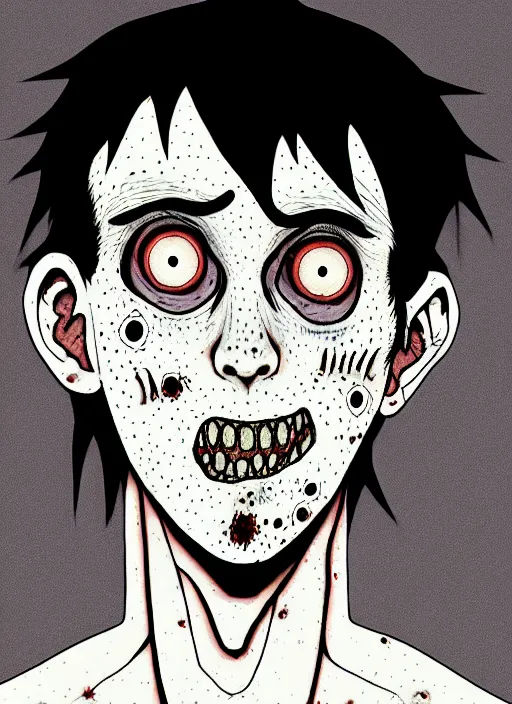 Image similar to junji ito style portrait of zombie teenage jughead jones wearing a light grey crown, photorealistic, zombie, crown, rotting skin, blind eyes, white eyes, crown, black hair, intricate, highly detailed, illustration, art by junji ito