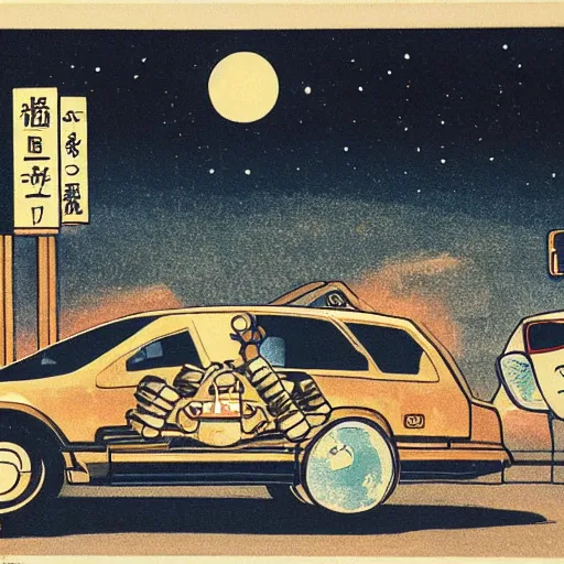 Image similar to a japanese woodprint of a robot pushing a 1992 Hondo civic into a petrol station. It's night and the moon is shining