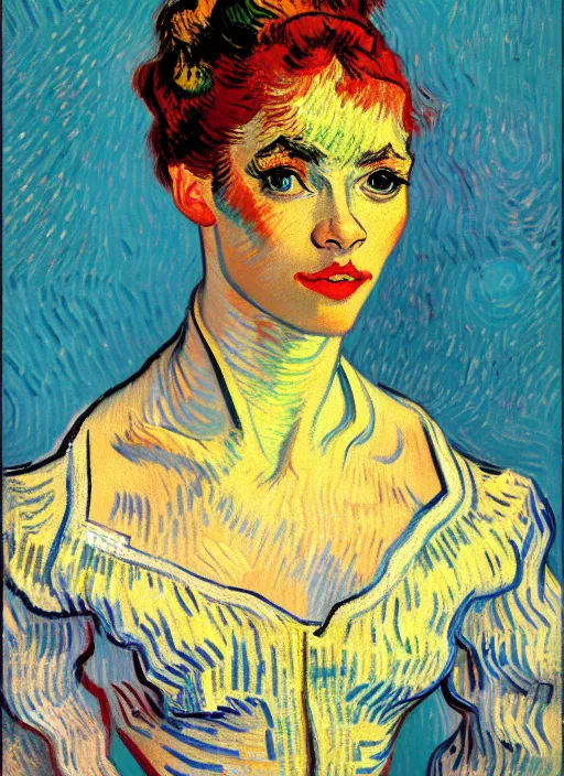 Image similar to !! portrait of a beautiful parisian dancer!!, detailed face, symmetrical painting, beautiful expressionist oil painting masterpiece, 8 k resolution, by van gogh, smooth, sharp focus, pastel color palette, trending on artstation