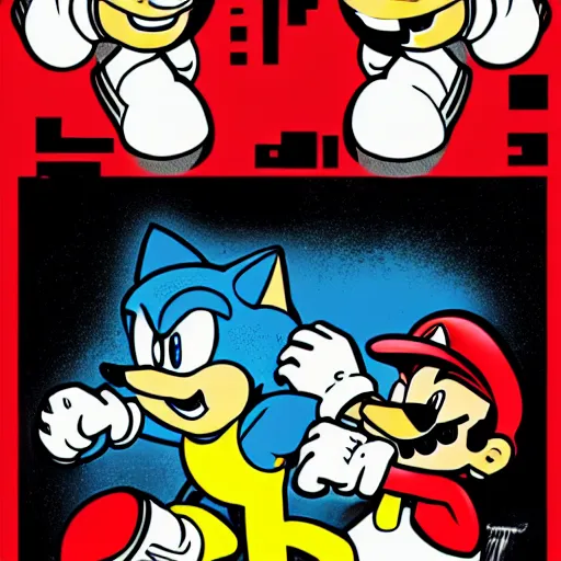 Image similar to mario and sonic arm wrestling in the style of Laurie Greasley