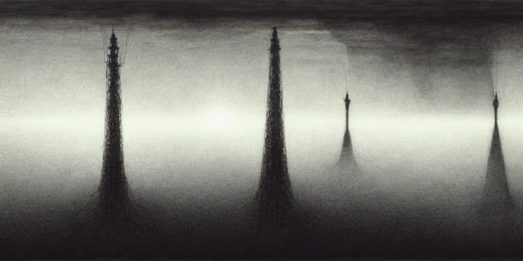 Image similar to A tower connected with cables, shining light, rays of light, by beksinski, shining light, high clouds, fog, Award winning, pencil drawing, masterpiece, detailed illustration