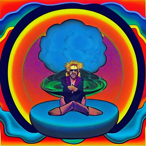 Prompt: 8 0 s new age album cover depicting a mushroom cloud in the shape of guy fieri, very peaceful mood, oil on canvas by georgia o'keefe