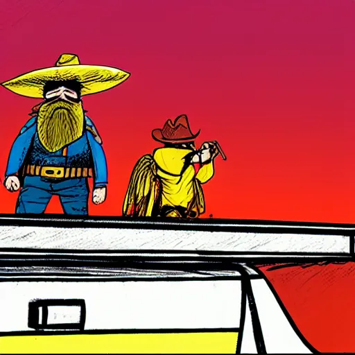 Image similar to bearded bandito with pancho and sombrero standing on top of a train at sunset, dave gibbons