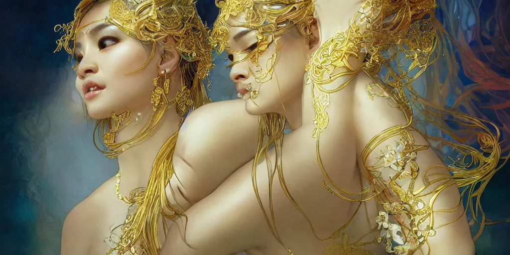 Image similar to asian nymph bald goddess, flowing golden silk twisting with whiten tattoos of cursive sigils on her opalescent skin, fantasy, intricate, very beautiful, elegant, golden light, highly detailed, art by artgerm and greg rutkowski and alphonse mucha