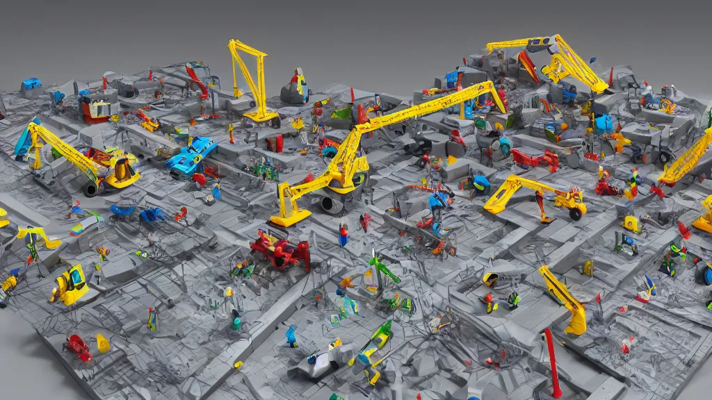 Image similar to a toy construction site, concept art, 3d render, low angle photo
