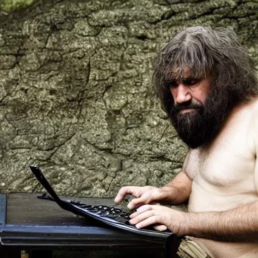 Prompt: caveman using a computer, award - winning photo
