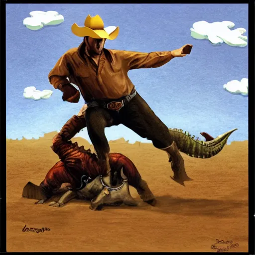 Image similar to cowboy wrestling a dinosaur