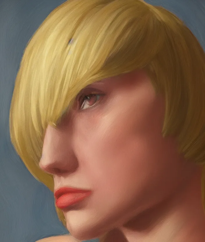 Image similar to a closeup portrait of woman with a blonde bob with bangs, in the style of edward hopper, very fine brush strokes, 4 k,