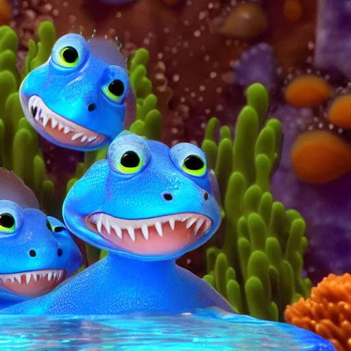 Image similar to smiling baby fish aquatic dinosaurs with glowing blue phosphorescent textures throughout their skin. rendered by pixar.