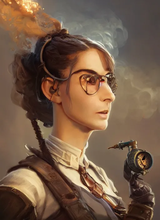 Prompt: Portrait of young steampunk female inventor, D&D fantasy, her hair is tied in a ponytail, smoke is in the air, she has a joyful expression and is covered in dirt. Intricate, highly detailed, digital painting, artstation, concept art, sharp focus, illustration, art by greg rutkowski and Ross Tran