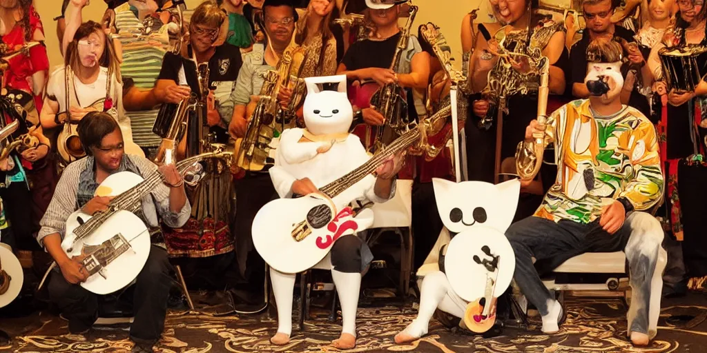 Image similar to bongocat playing the hand clapper musical instrument as one of the musicians in The Roots