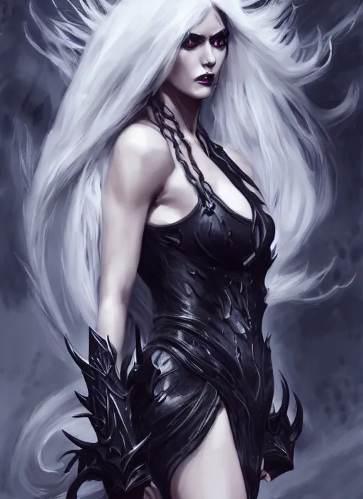 Image similar to a highly detailed illustration of fierce beautiful long white haired horned demon woman wearing black battle dress, dramatic power pose, perfect face, perfect body, intricate, elegant, highly detailed, centered, digital painting, artstation, concept art, smooth, sharp focus, league of legends concept art, wlop.