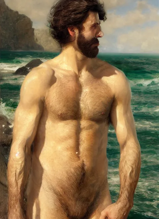 Image similar to detailed cinematic wide shot of muscular attractive young spanish man beard slim face symettrical face clean skin green eyes white hair wearing sea clothes, ultra realistic, spring light, painting by gaston bussiere, craig mullins, j. c. leyendecker