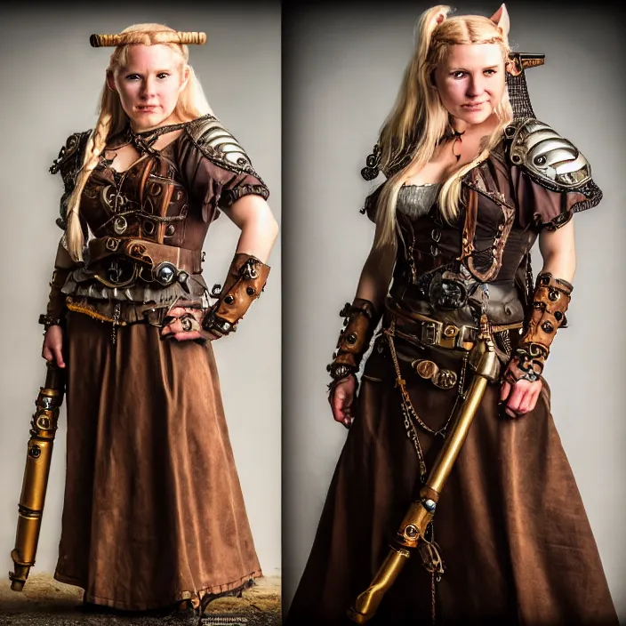 Image similar to full body photograph of a real-life female steampunk viking, Extremely detailed. 8k