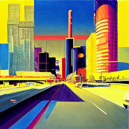 Prompt: “Wayne thiebaud neo-Tokyo gleaming sunny day”