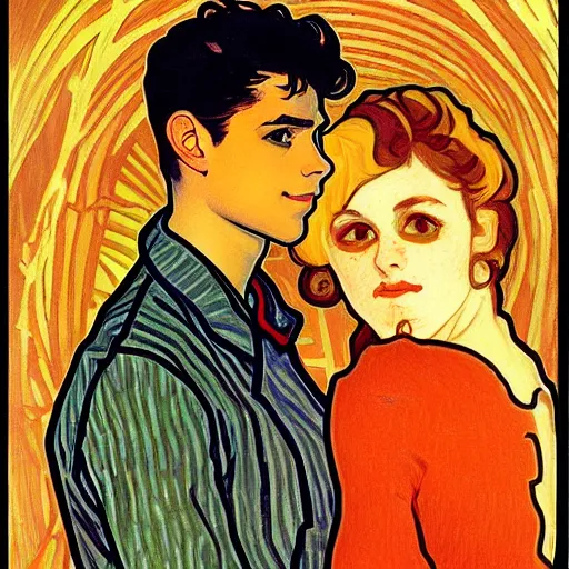 Prompt: painting of handsome young delicate beautiful jeffrey in his 2 0 s with brown hair and gorgeous rina together at the jack o'lantern halloween party, elegant, clear, painting, stylized, art, art by alphonse mucha, vincent van gogh, egon schiele,