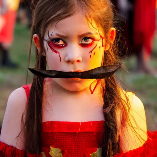 Image similar to a young evil little girl with red eyes during a pagan ceremony