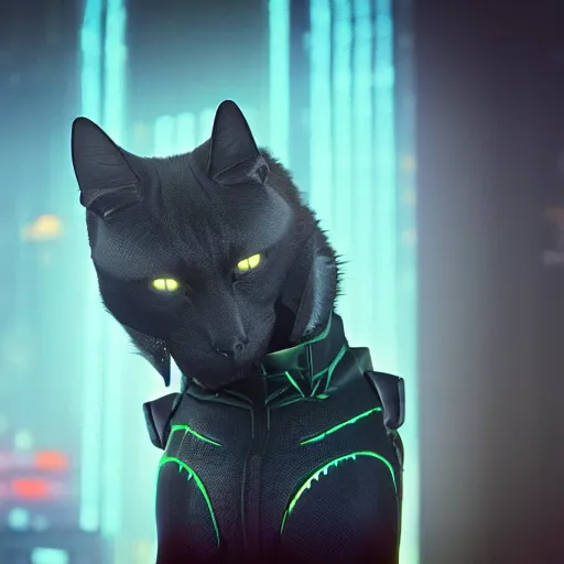 Image similar to cyberpunk cat in suit, final render, unreal engine