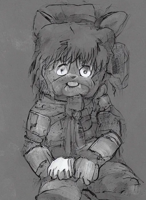 Image similar to beautiful little boy wearing an cyborg bear suit, artwork in kentaro miura and made in abyss and rosdraws, smooth, beautiful lightness, anatomically correct, trending on pixiv, forest