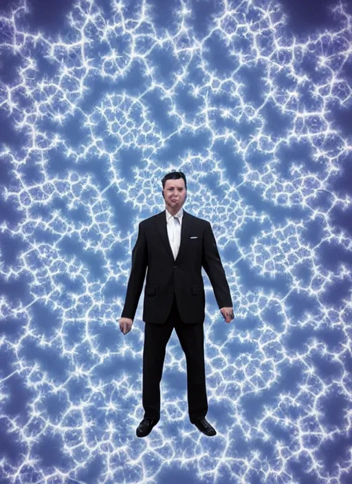 Image similar to matte painting of man in suit with black mandelbrot fractal as head